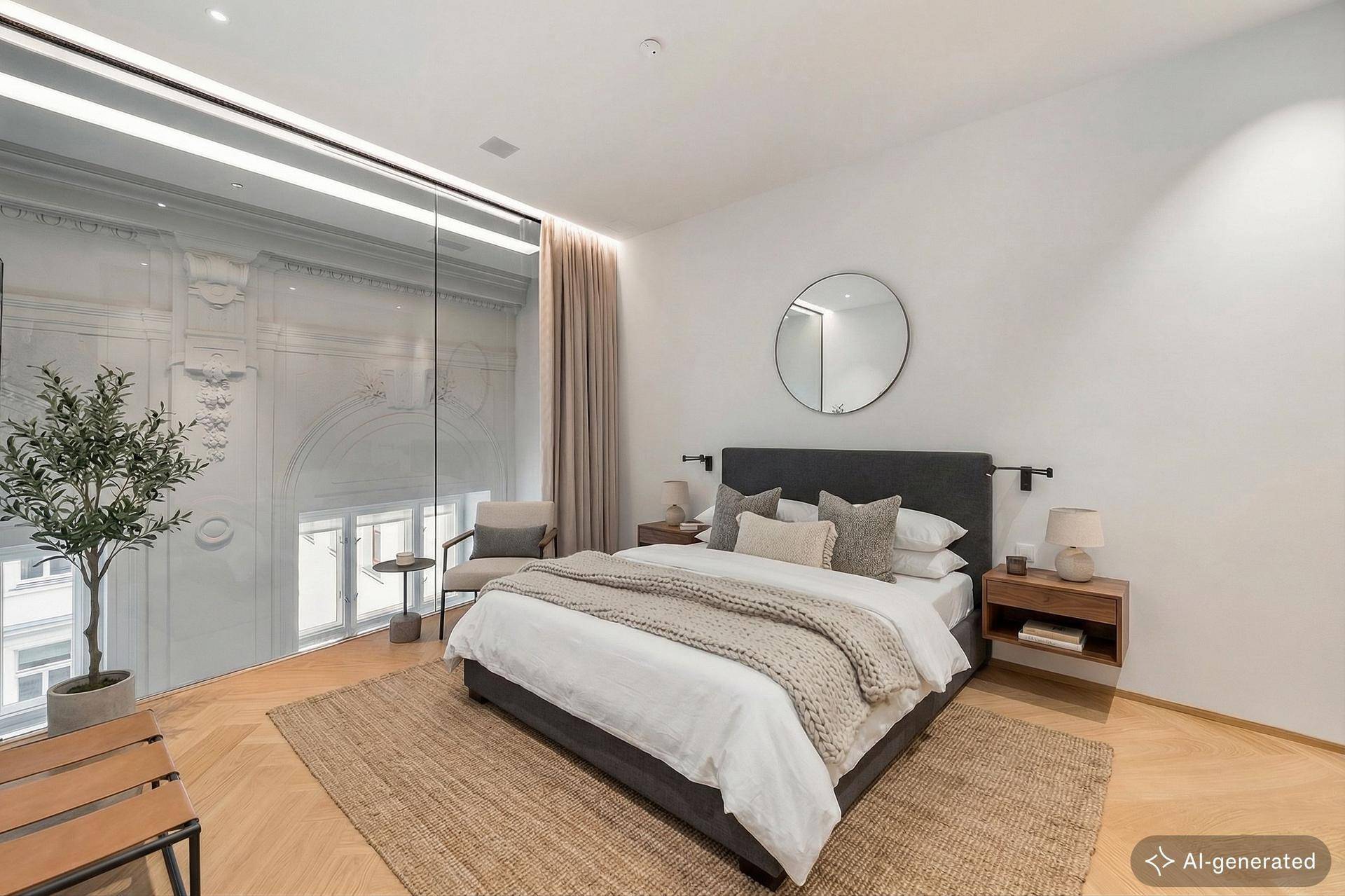 Helles Schlafzimmer mit großem Fenster, modernem Bett und stilvoller Einrichtung.