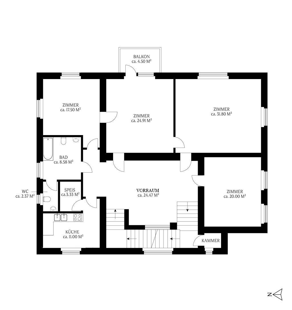 Grundriss des Obergeschosses mit Balkon, Küche, Bad und mehreren Zimmern.