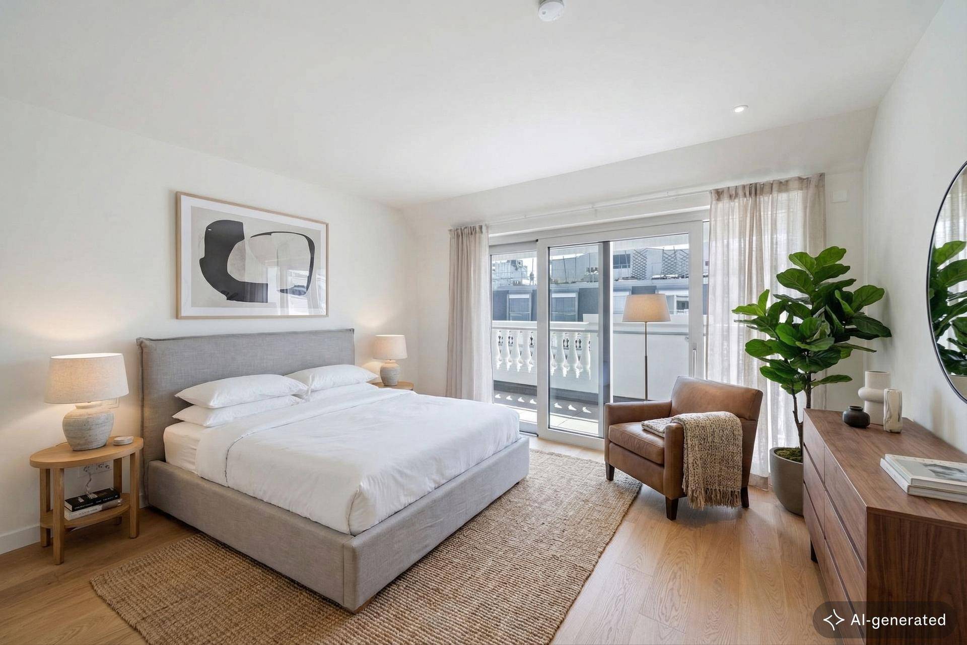 Helles Schlafzimmer mit Doppelbett, Kommode und direktem Zugang zum Balkon.