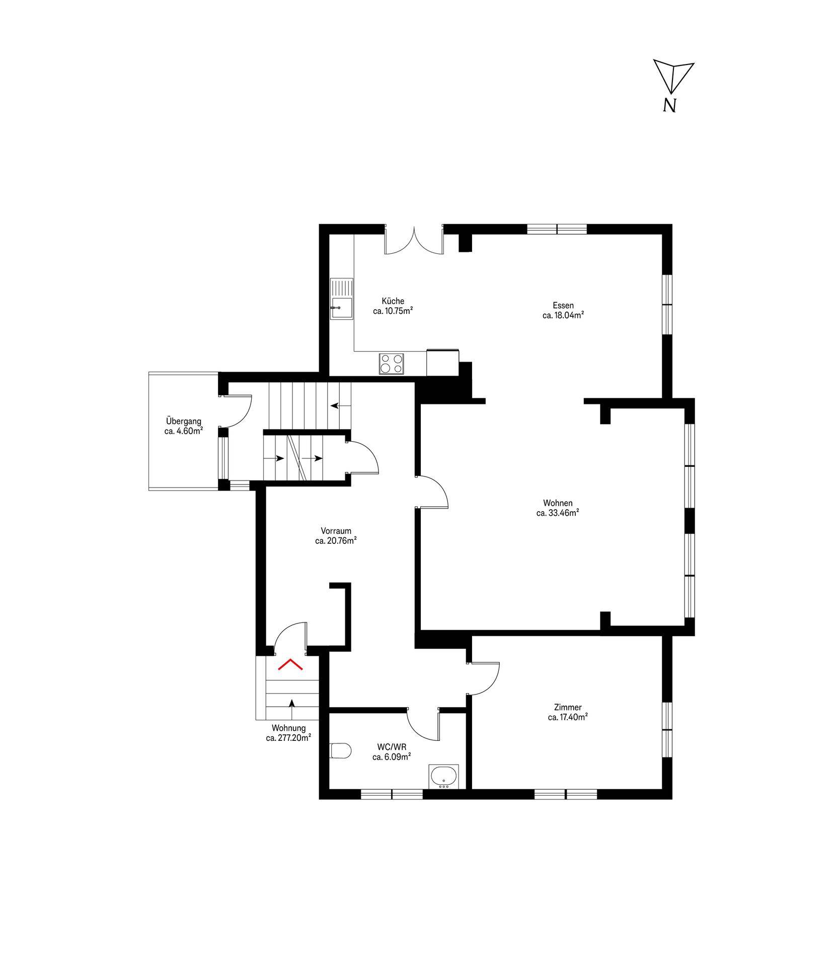 Grundriss des Erdgeschosses mit Küche, Essbereich, Wohnzimmer und einem weiteren Zimmer.