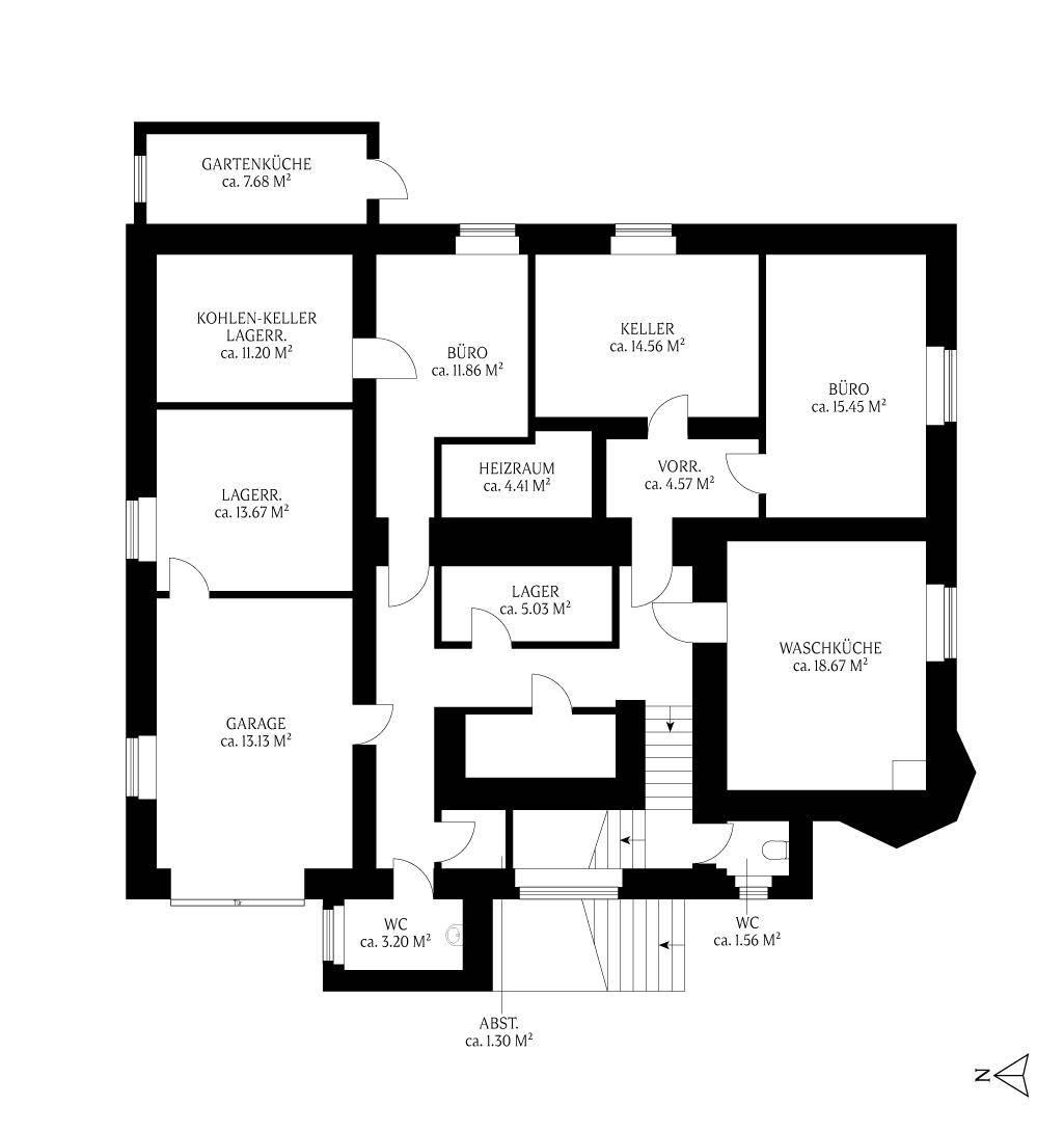 Grundriss des Kellergeschosses mit Garage, Büros, Lagerräumen und Waschküche.