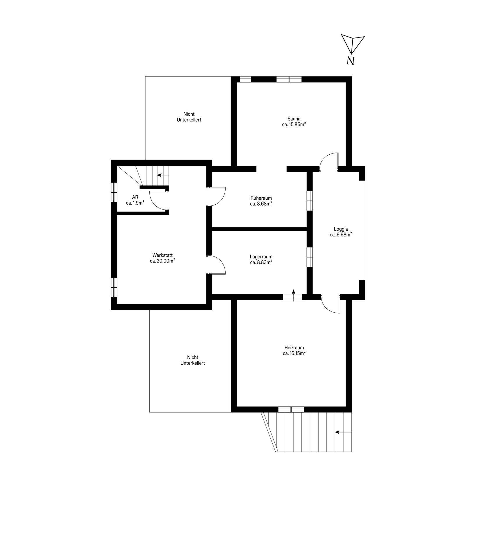 Grundriss des Untergeschosses mit Sauna, Ruheräumen, Werkstatt und Heizraum.