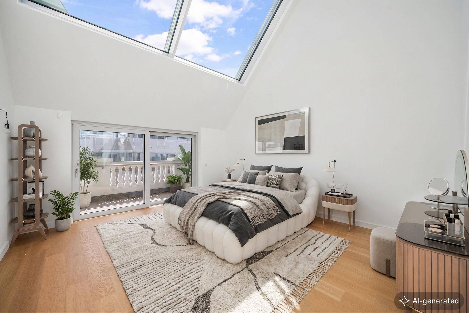 Helles Schlafzimmer mit modernem Bett, Dachfenstern und direktem Zugang zum Balkon.
