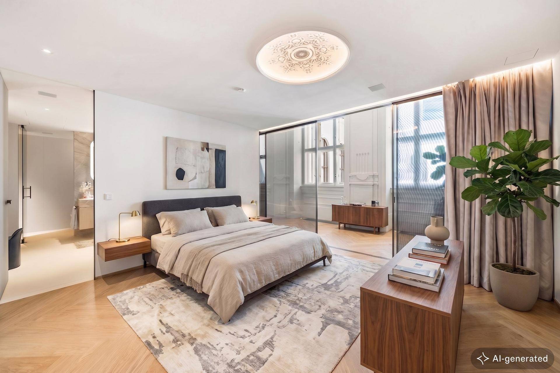 Modernes Schlafzimmer mit Doppelbett, Holzmöbeln und einer eleganten Glaswand zum angrenzenden Raum.