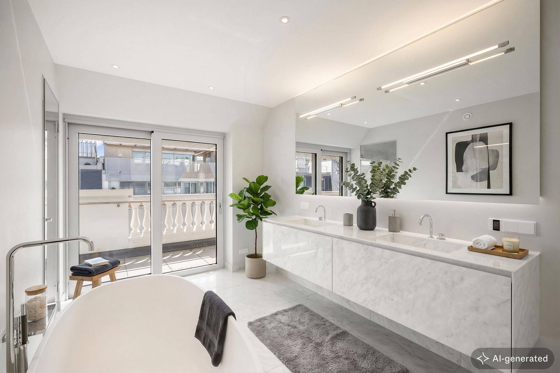 Elegantes Badezimmer mit Doppelwaschbecken, freistehender Wanne und Balkonzugang.