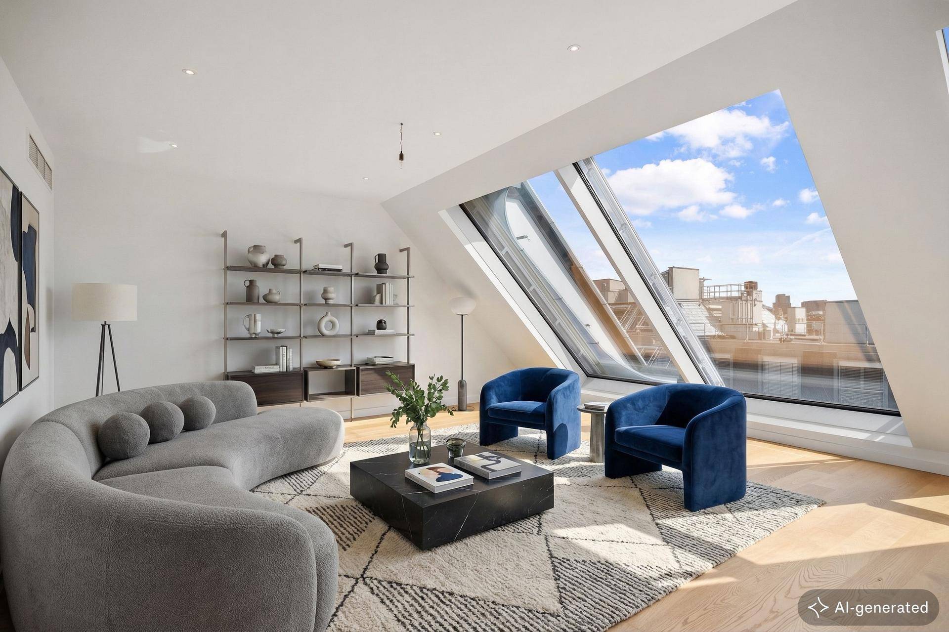 Modernes Wohnzimmer mit stilvollen Möbeln, großen Dachfenstern und Blick auf die Stadt.