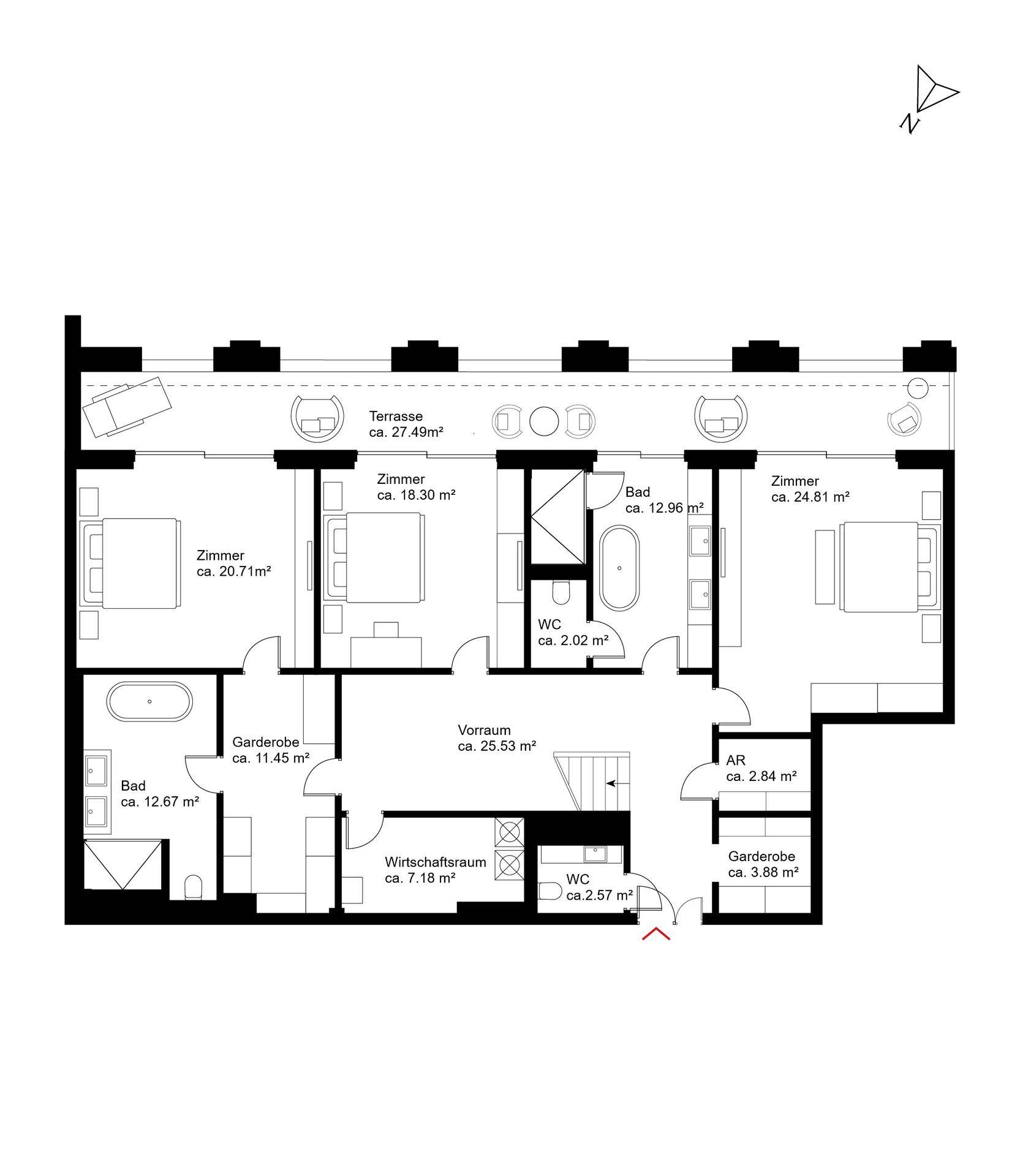 Grundriss der oberen Etage mit mehreren Zimmern, Bädern und einer Terrasse.