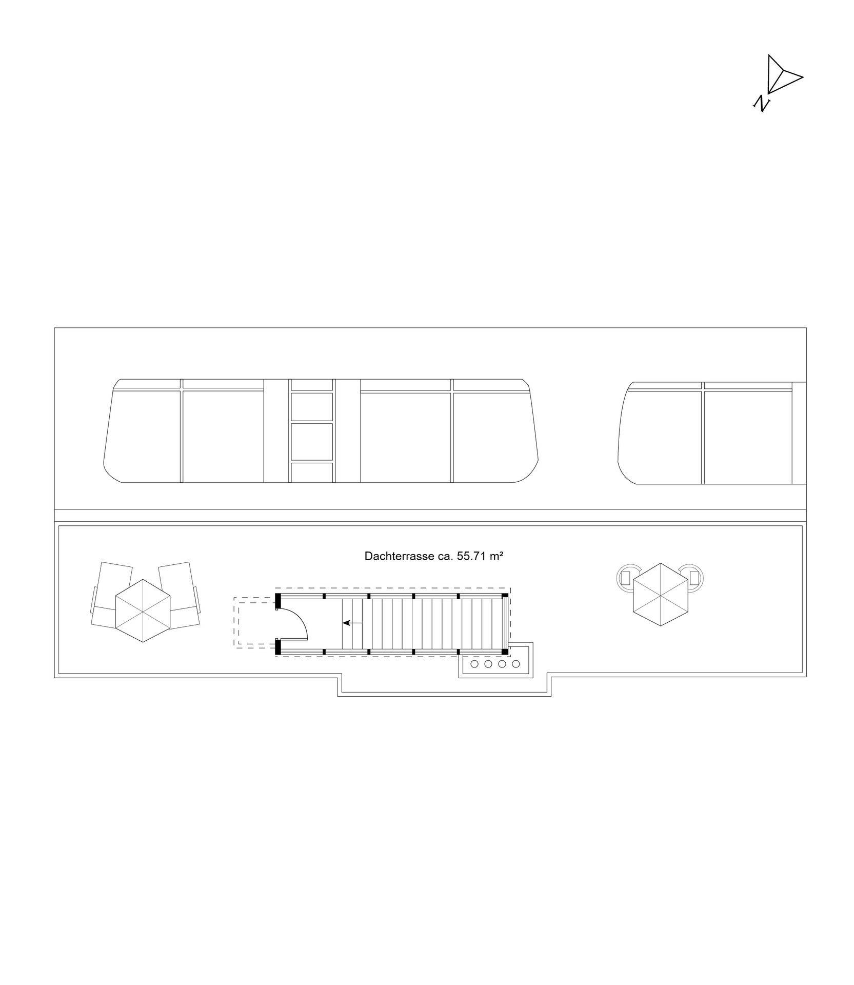 Grundriss der Dachterrasse mit Sitzbereichen und Zugang.