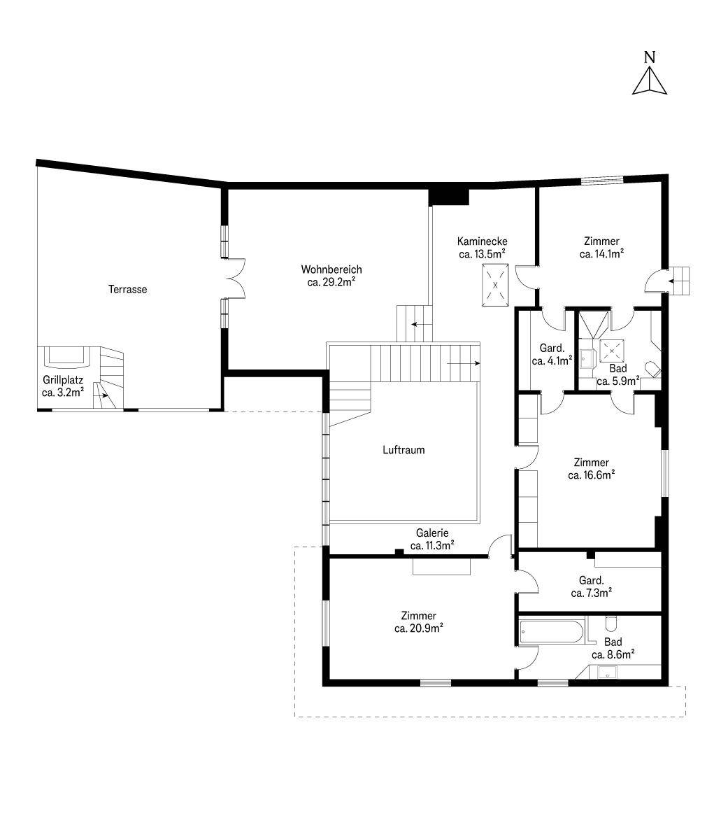 Grundriss des Obergeschosses mit Wohnbereich, Terrasse, Grillplatz und weiteren Zimmern.