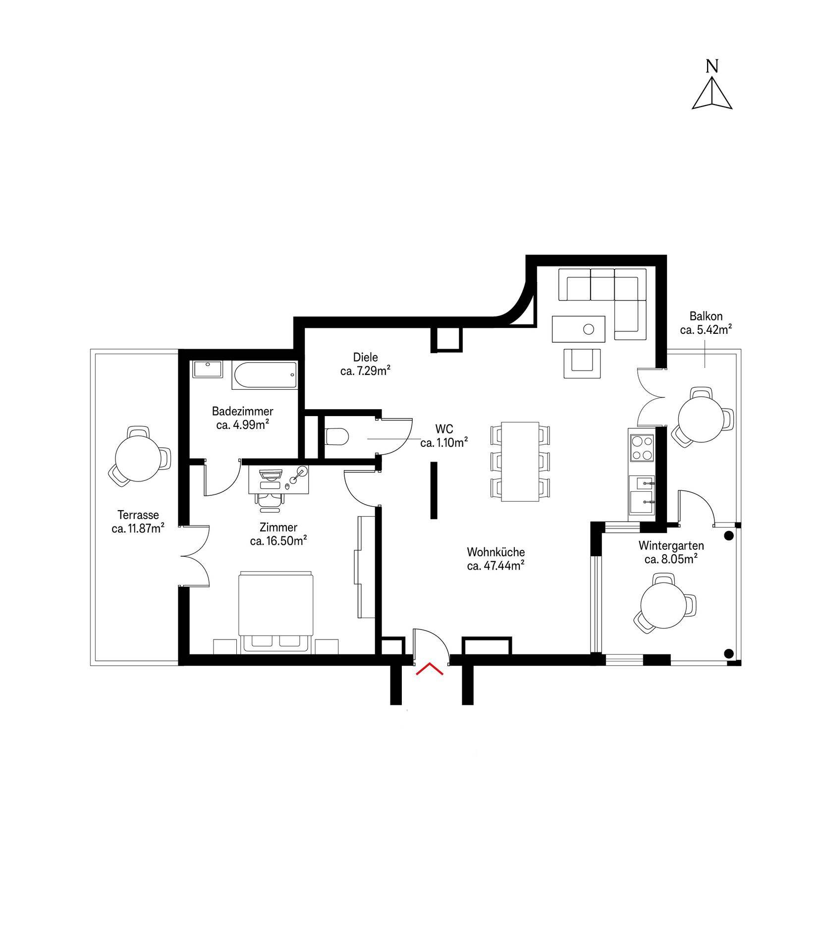 Grundriss der Wohnung mit Terrasse, Balkon, Wintergarten und offener Wohnküche.