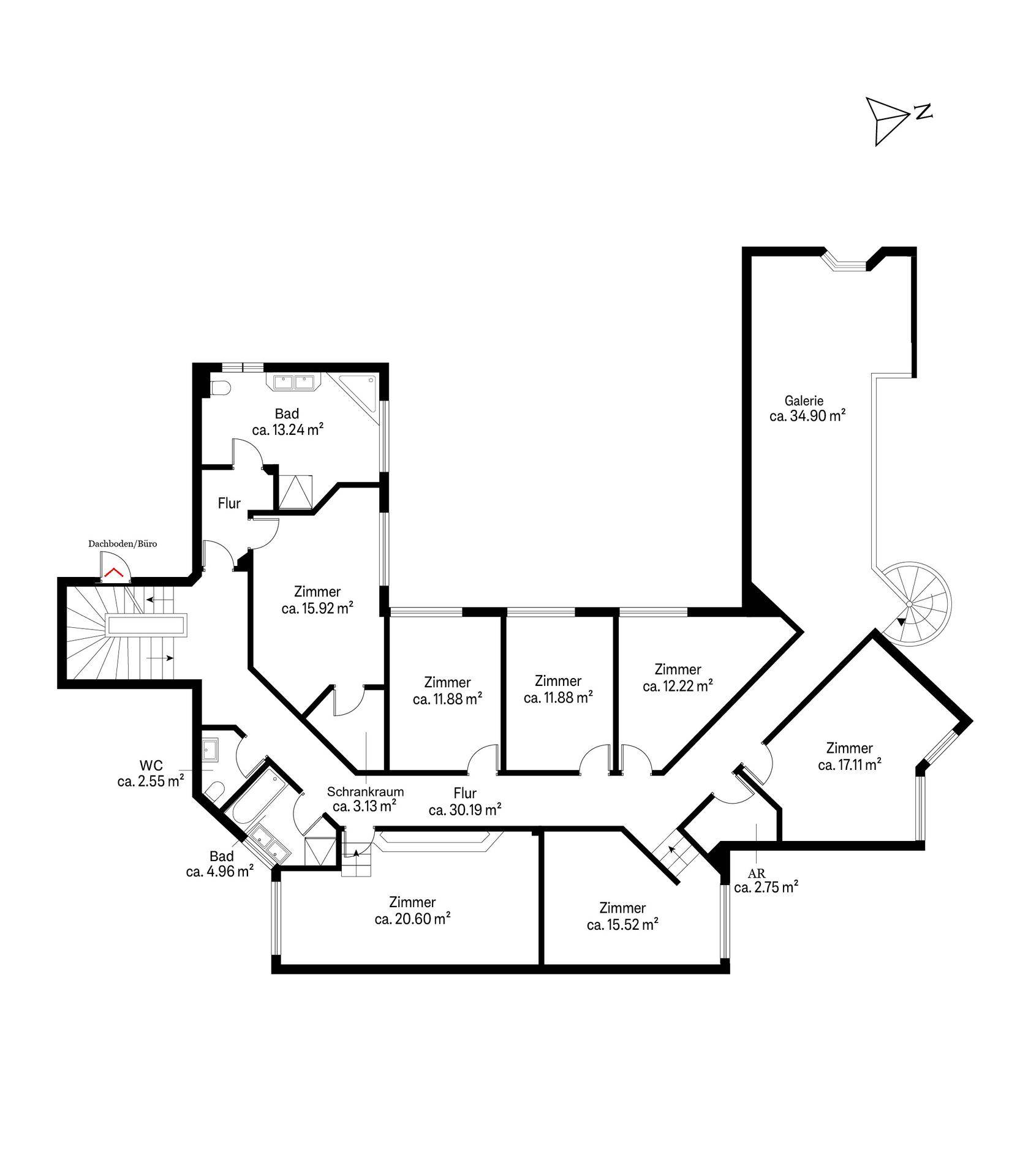 Grundriss des Obergeschosses mit Galerie, mehreren Zimmern, zwei Bädern und Schrankraum.