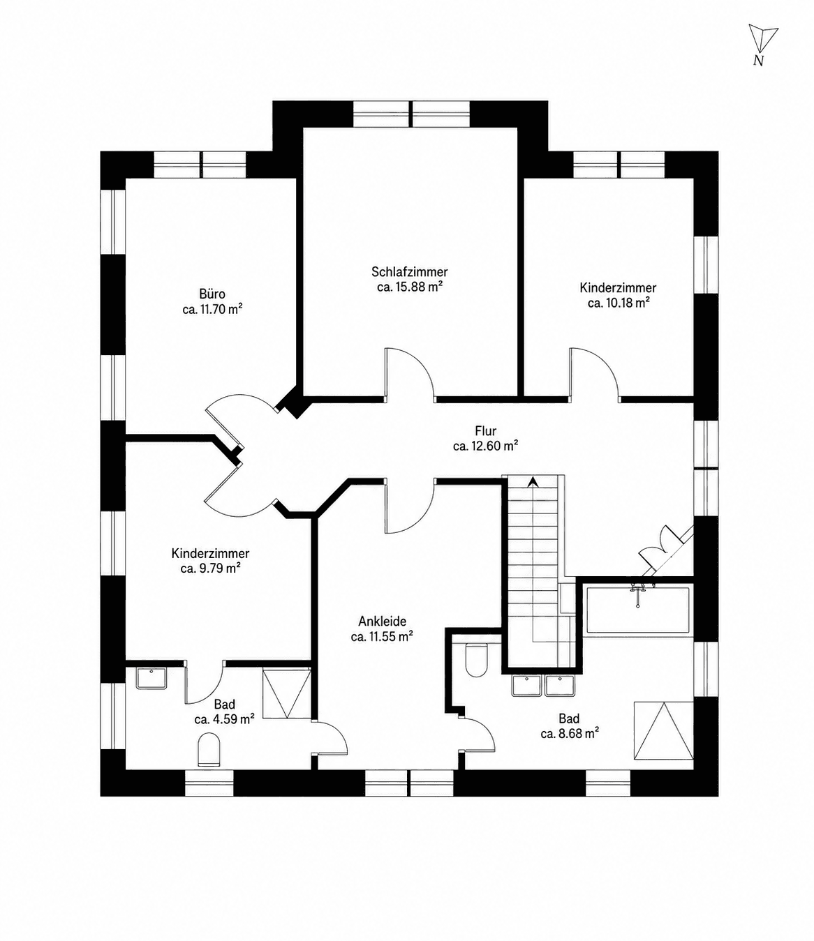 Grundriss des Obergeschosses mit Schlafzimmern, Kinderzimmern, Büro und zwei Bädern.