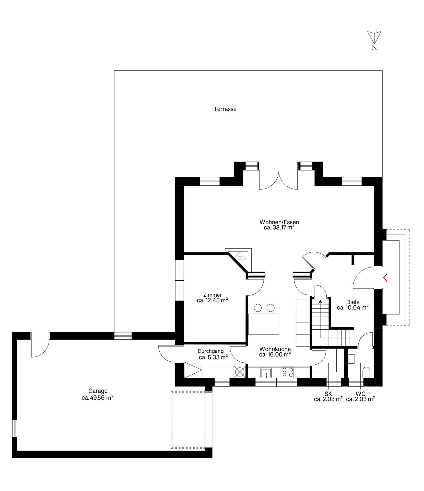 Grundriss des Erdgeschosses mit Wohn-Essbereich, Wohnküche, Zimmer und Garage.