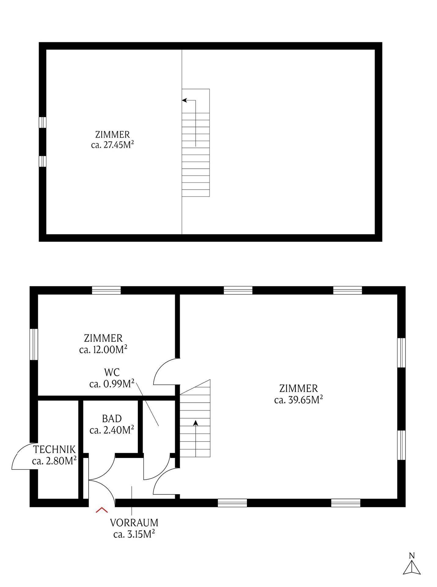 Detaillierter Grundriss eines Gebäudeteils mit Zimmern, Bad und WC.