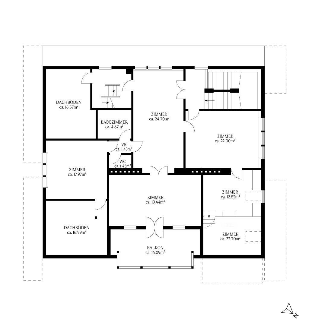 Grundriss eines weiteren Obergeschosses mit Balkon, Badezimmer, WC und Dachbodenflächen.