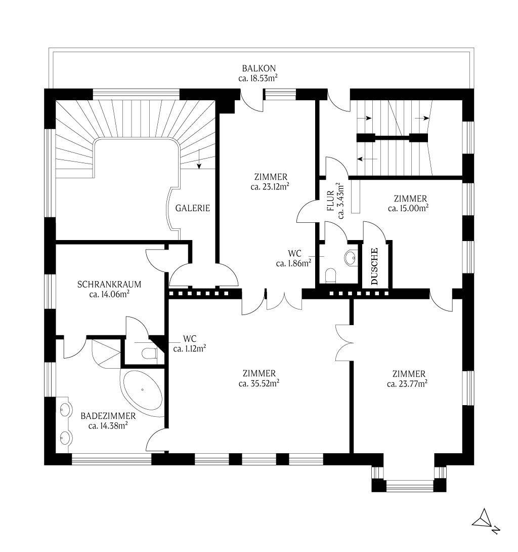 Grundriss des Obergeschosses mit Balkon, Galerie, Badezimmer und einem separaten Schrankraum.