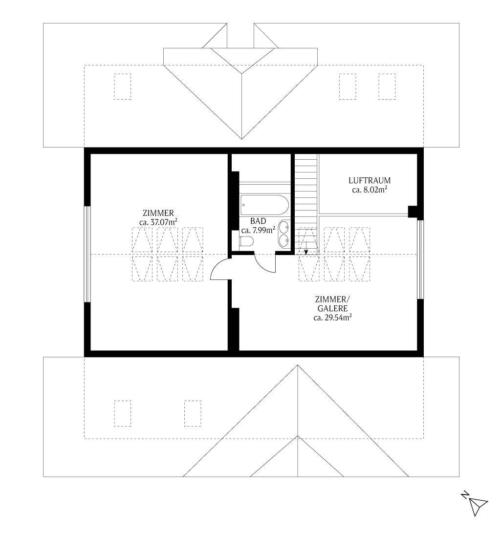Grundriss des Dachgeschosses mit Badezimmer, zwei Zimmern und einem offenen Luftraum.