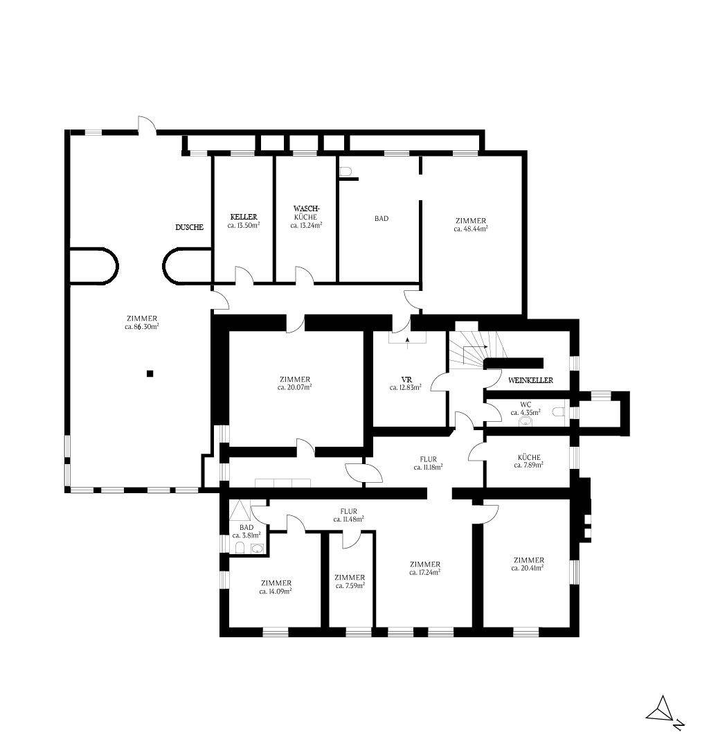 Grundriss des Untergeschosses mit mehreren Zimmern, einem Weinkeller, Waschraum und Bädern.