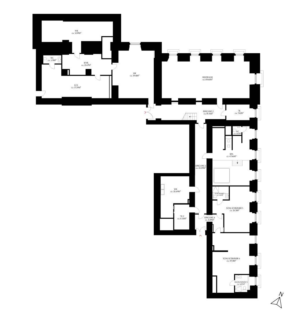 Detaillierter Grundriss einer weiteren Wohnung mit mehreren Zimmern und Bädern.