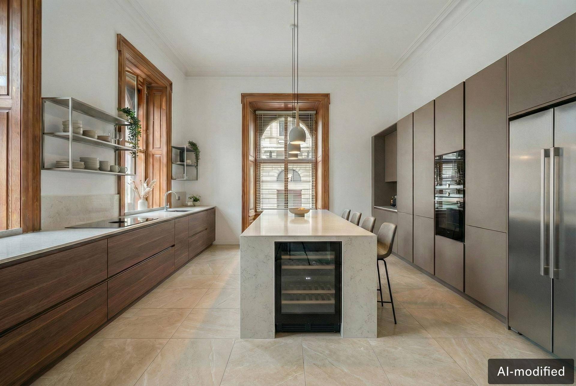 Moderne Küche mit Holz- und Grautönen, großer Insel mit Weinkühler und Fliesenboden.