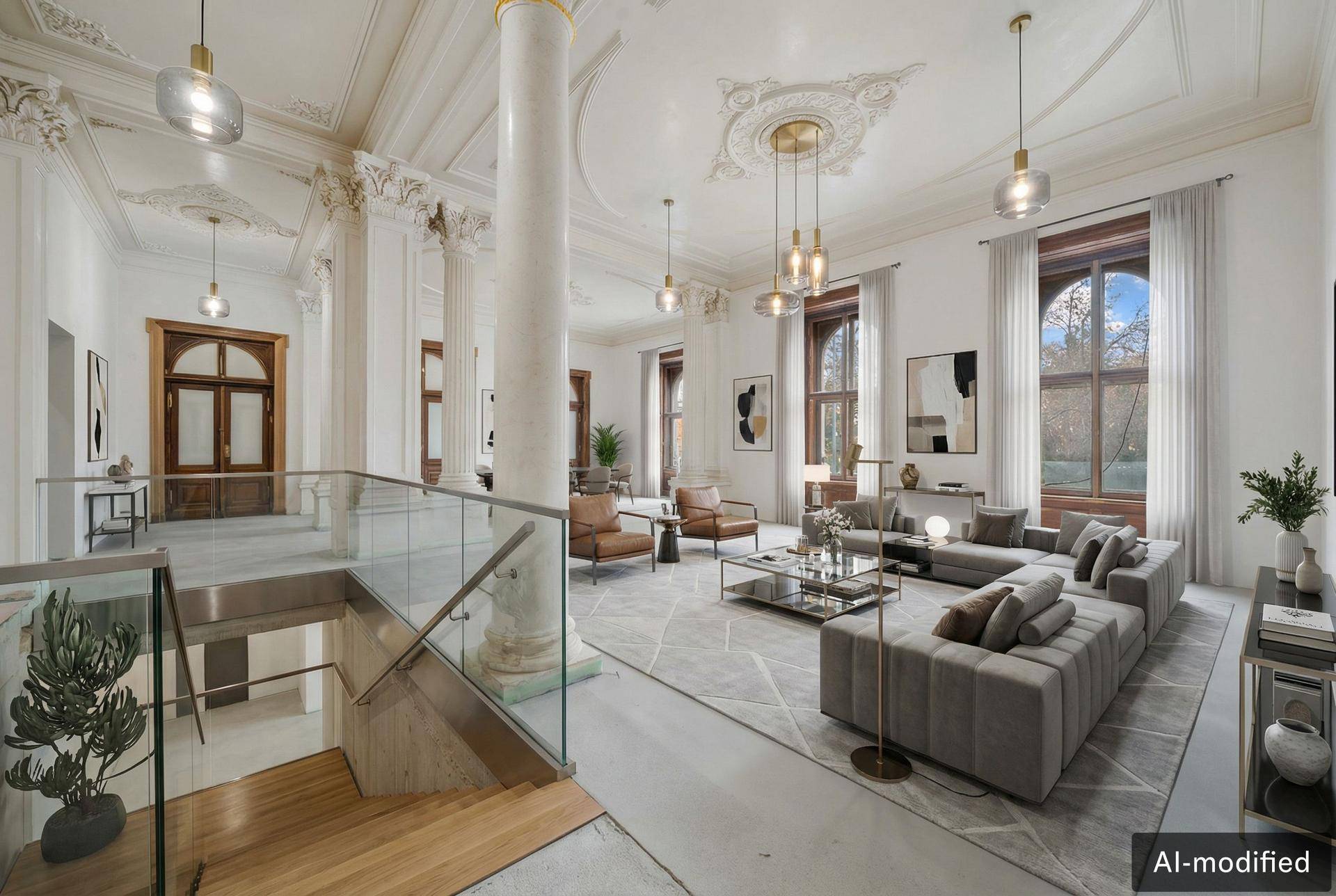 Repräsentativer Wohnbereich mit hohen Decken, verzierten Säulen und einer modernen Glasgeländer-Treppe.