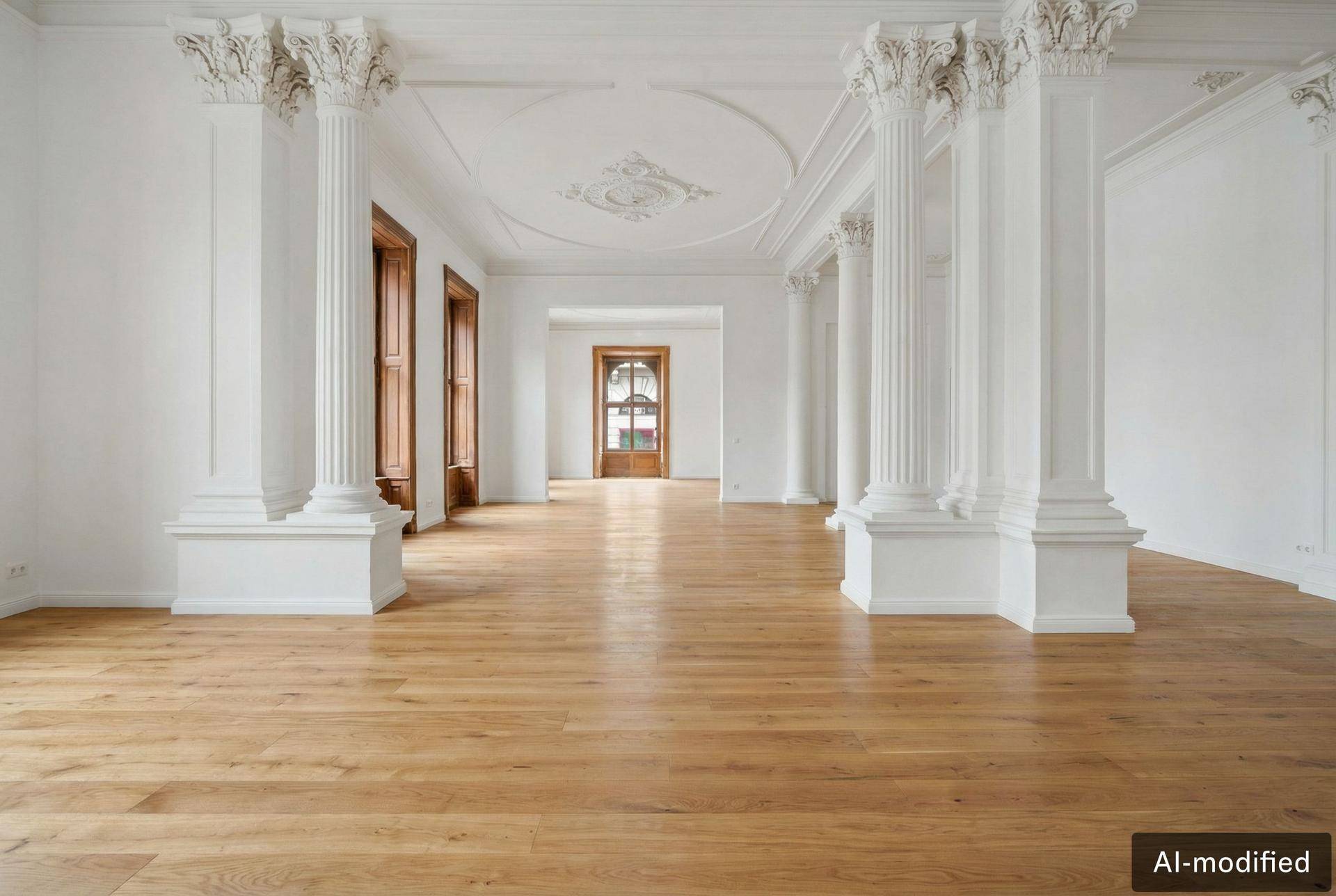 Prunkvoller leerer Raum mit hohen Decken, verzierten Säulen und edlem Parkettboden.