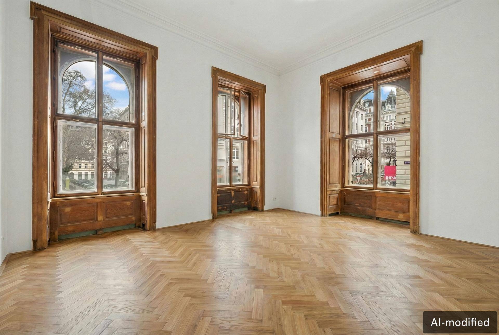 Heller Raum mit Fischgrätparkett und hohen, reich verzierten Holzfenstern mit Stadtblick.