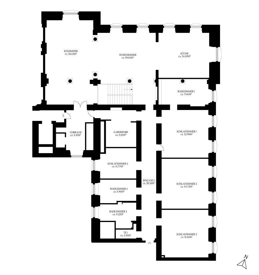 Grundriss einer Wohnung mit mehreren Schlafzimmern, Bädern und offenem Wohnbereich.