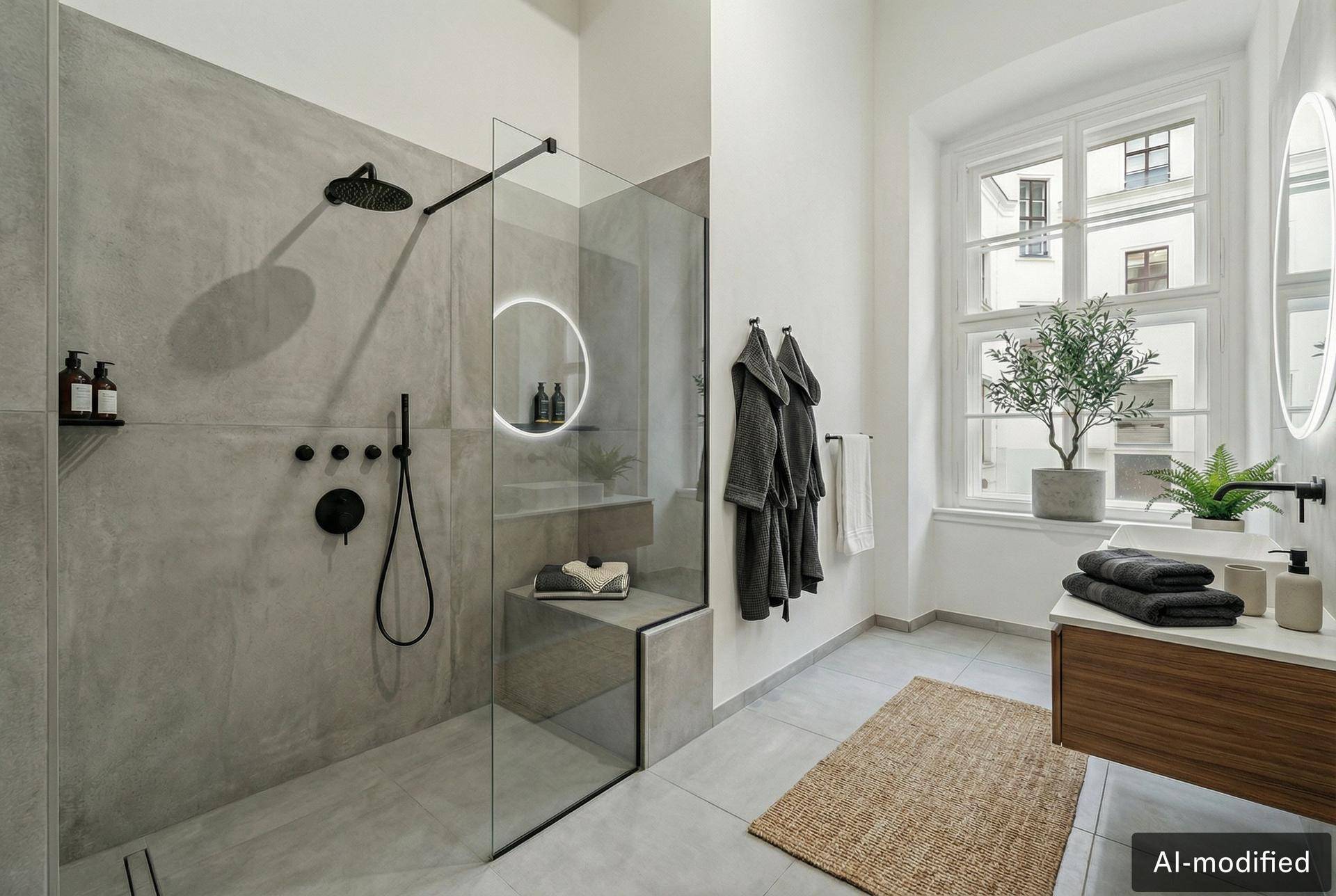 Modernes Badezimmer mit begehbarer Dusche, grauen Fliesen und einem eleganten Holzwaschtisch.