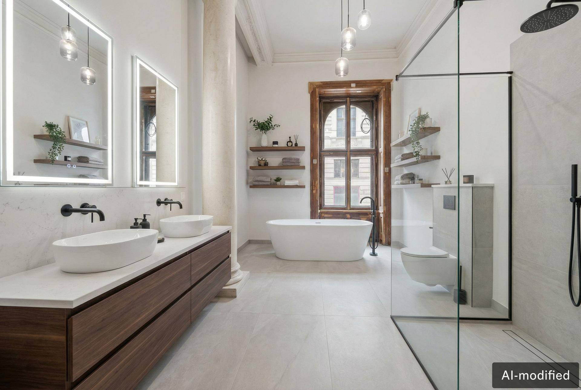 Luxuriöses Badezimmer mit Doppelwaschbecken, freistehender Badewanne und großer begehbarer Dusche.