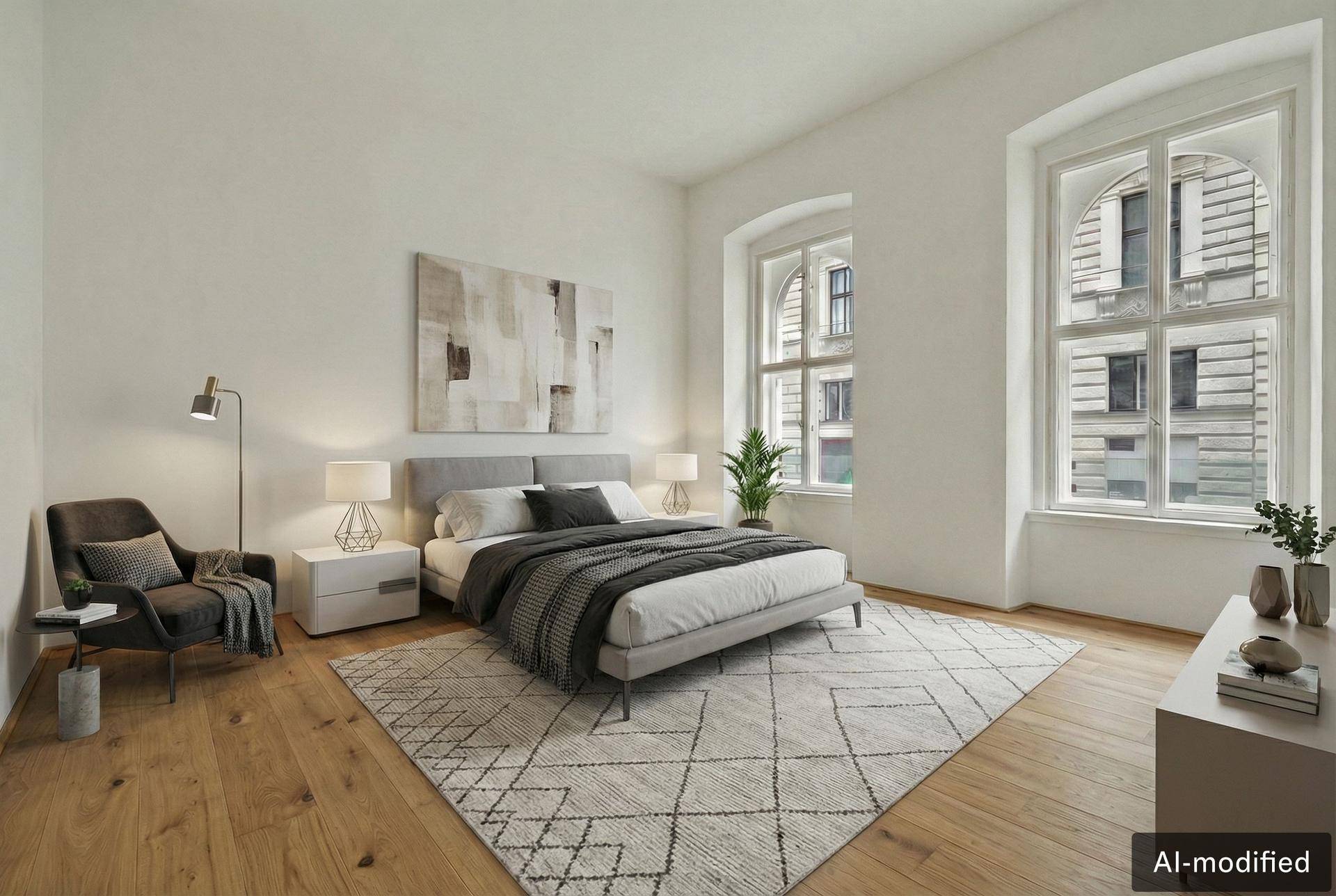 Helles Schlafzimmer mit großem Bett, modernem Teppich und zwei hohen Fenstern.