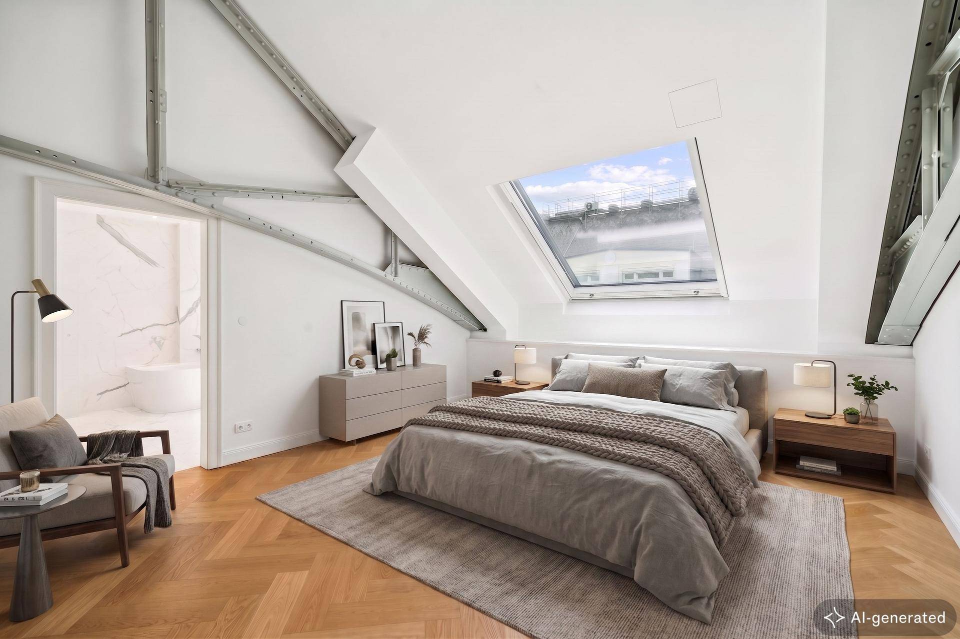 Helles Schlafzimmer mit Holzboden, Dachfenster und direktem Zugang zum Badezimmer.