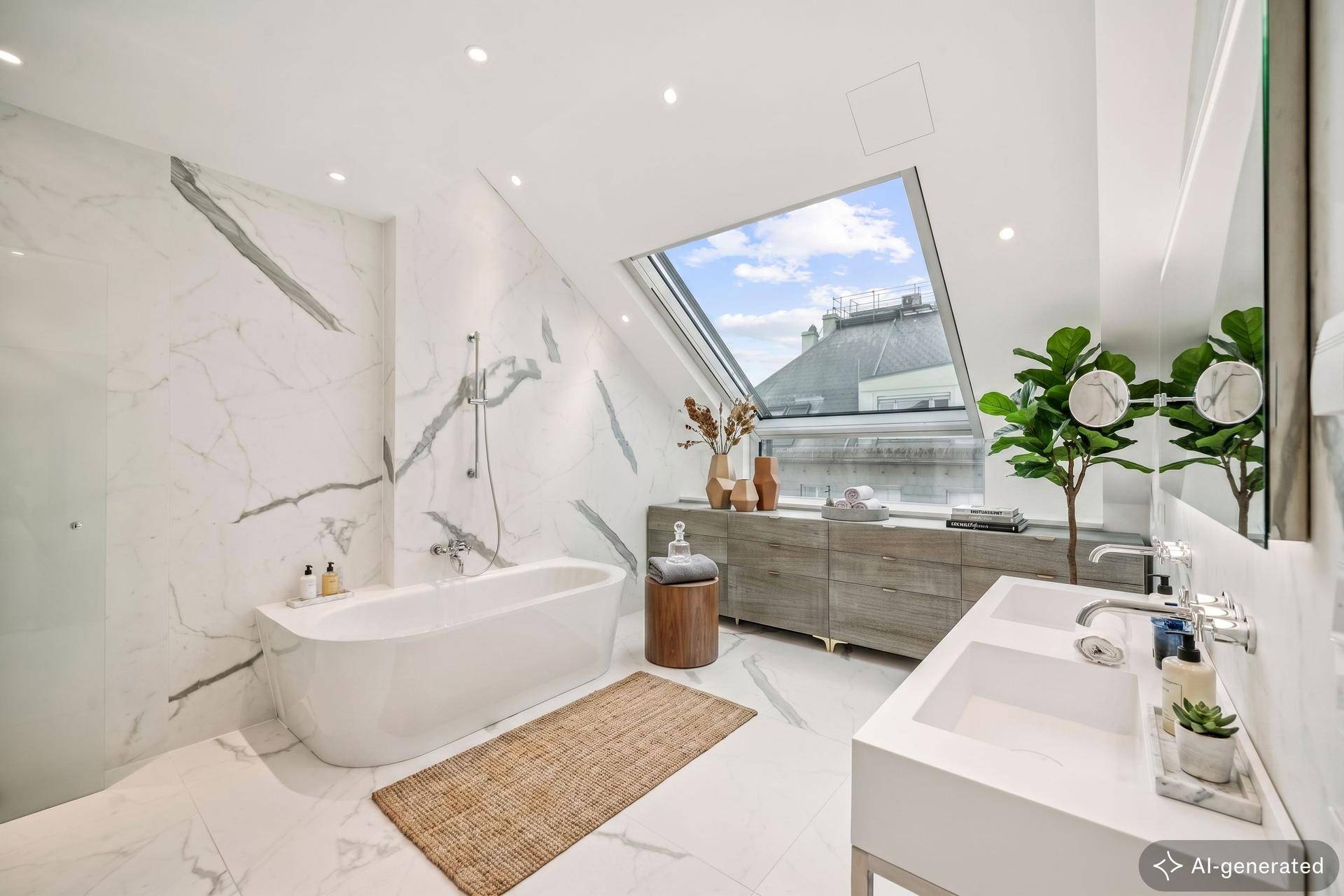 Modernes Badezimmer mit freistehender Badewanne, Doppelwaschbecken und Marmoroberflächen.