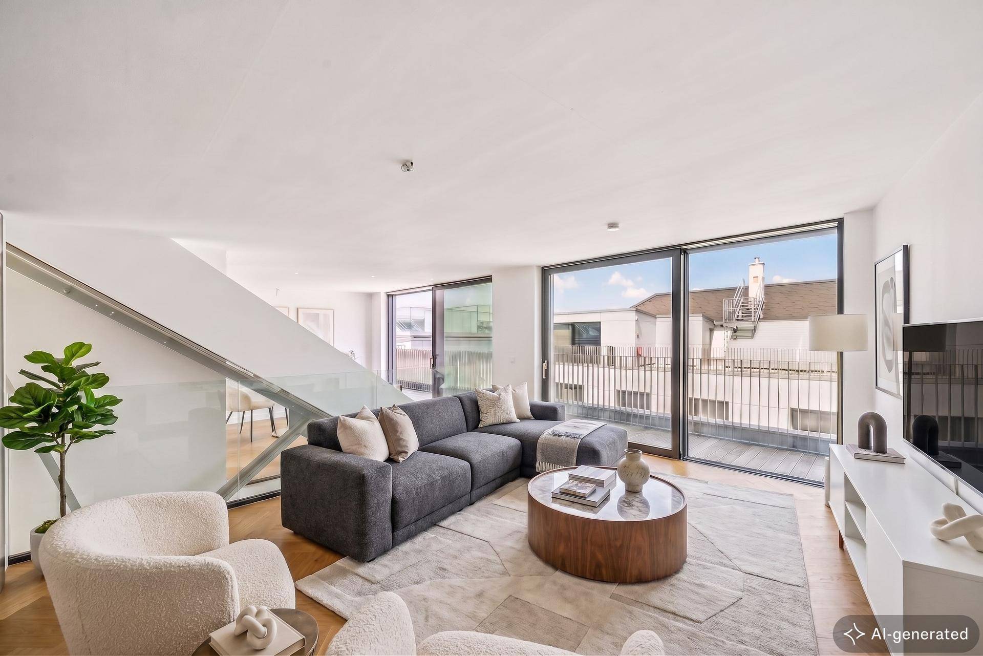 Modernes Wohnzimmer mit großem Sofa, Holzboden und Zugang zu einem Balkon.