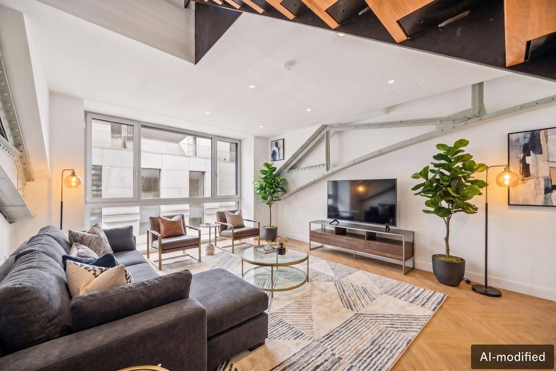 Gemütliches Wohnzimmer mit Sofa, Fernseher und großen Fenstern mit Stadtblick.