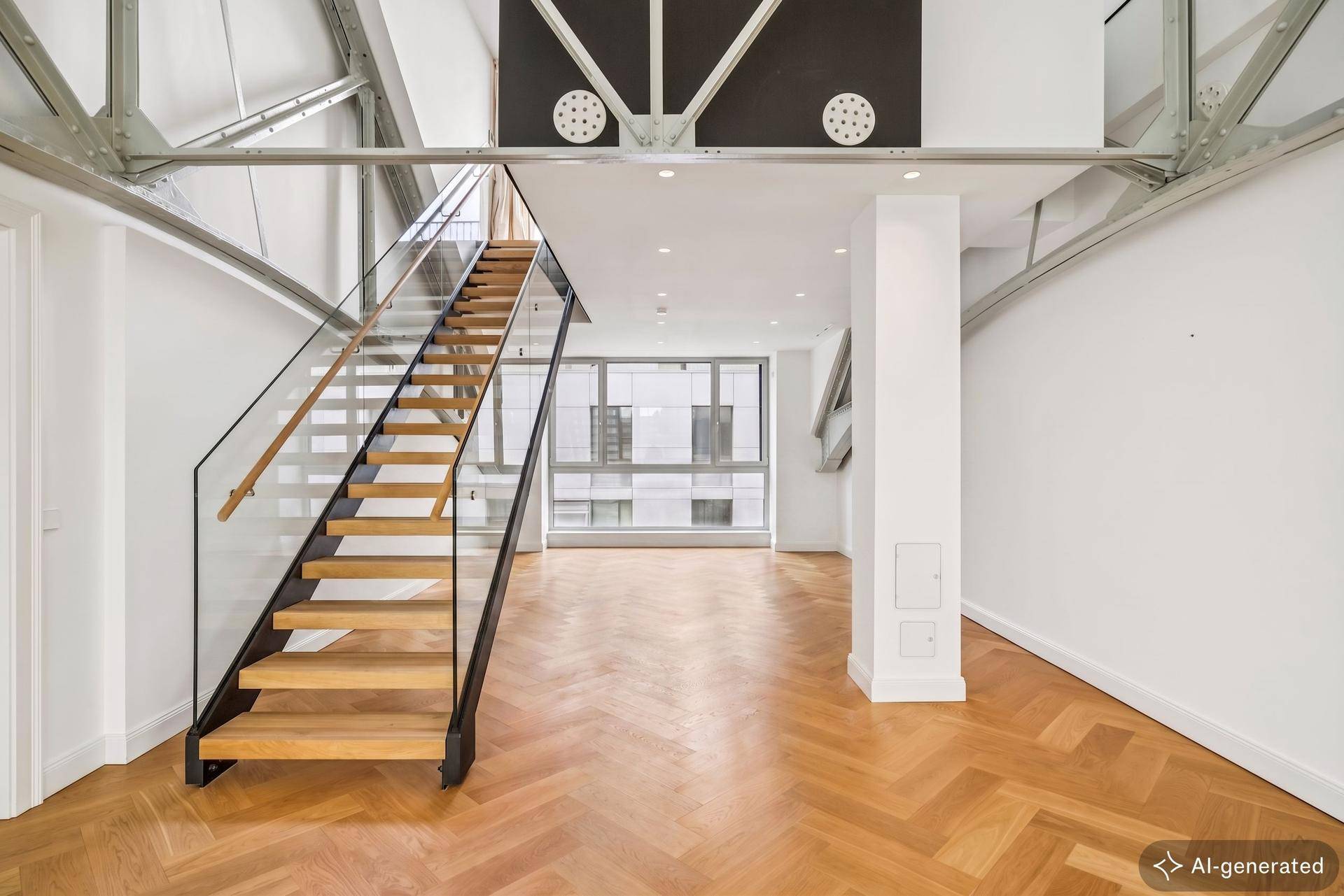 Geräumiger Eingangsbereich mit moderner Holztreppe, Glasgeländer und hohen Decken.