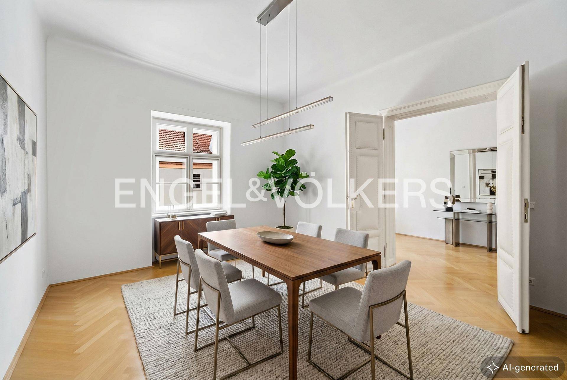 Eleganter Essbereich mit großem Holztisch, modernen Stühlen und Fischgrätparkett, ideal für gesellige Runden.