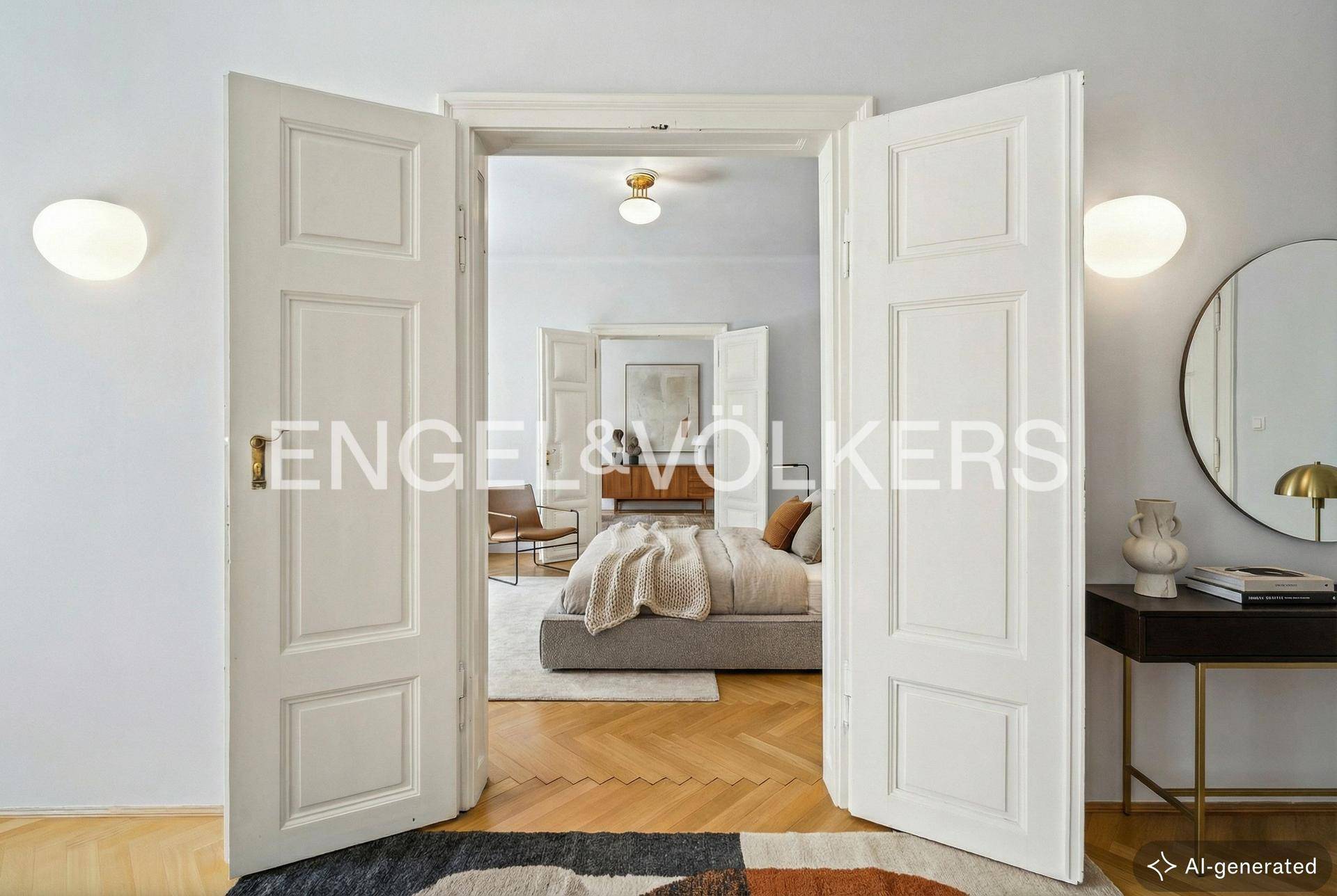 Blick durch elegante Flügeltüren in ein helles Schlafzimmer mit stilvoller Einrichtung und Parkettboden.