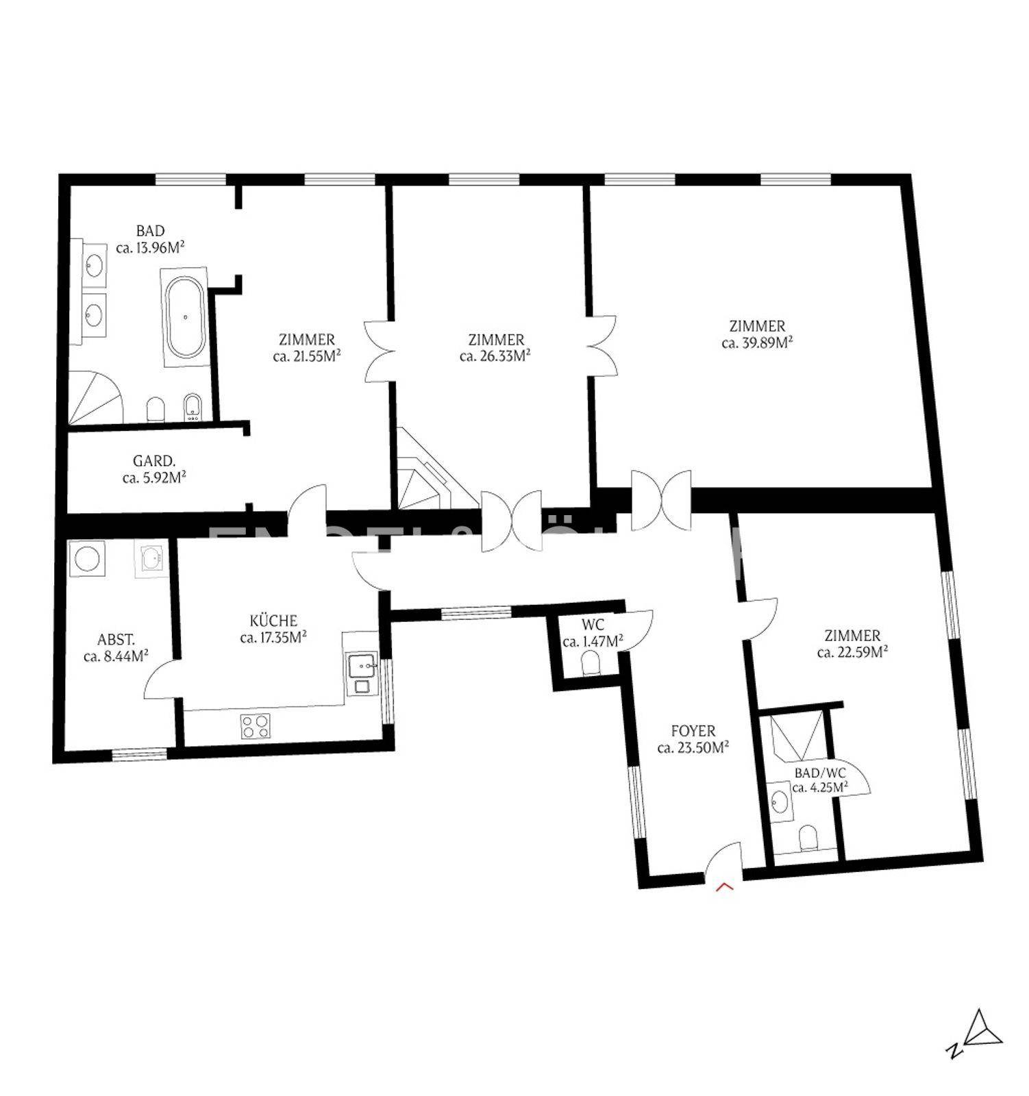 Detaillierter Grundriss der Wohnung mit mehreren Zimmern, Bad, Küche und separatem WC.