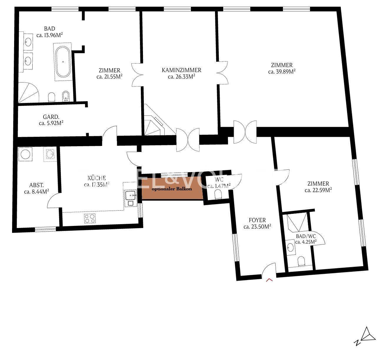 Grundriss der Wohnung mit optionalem Balkon, Kaminzimmer und mehreren Bädern, detailliert dargestellt.