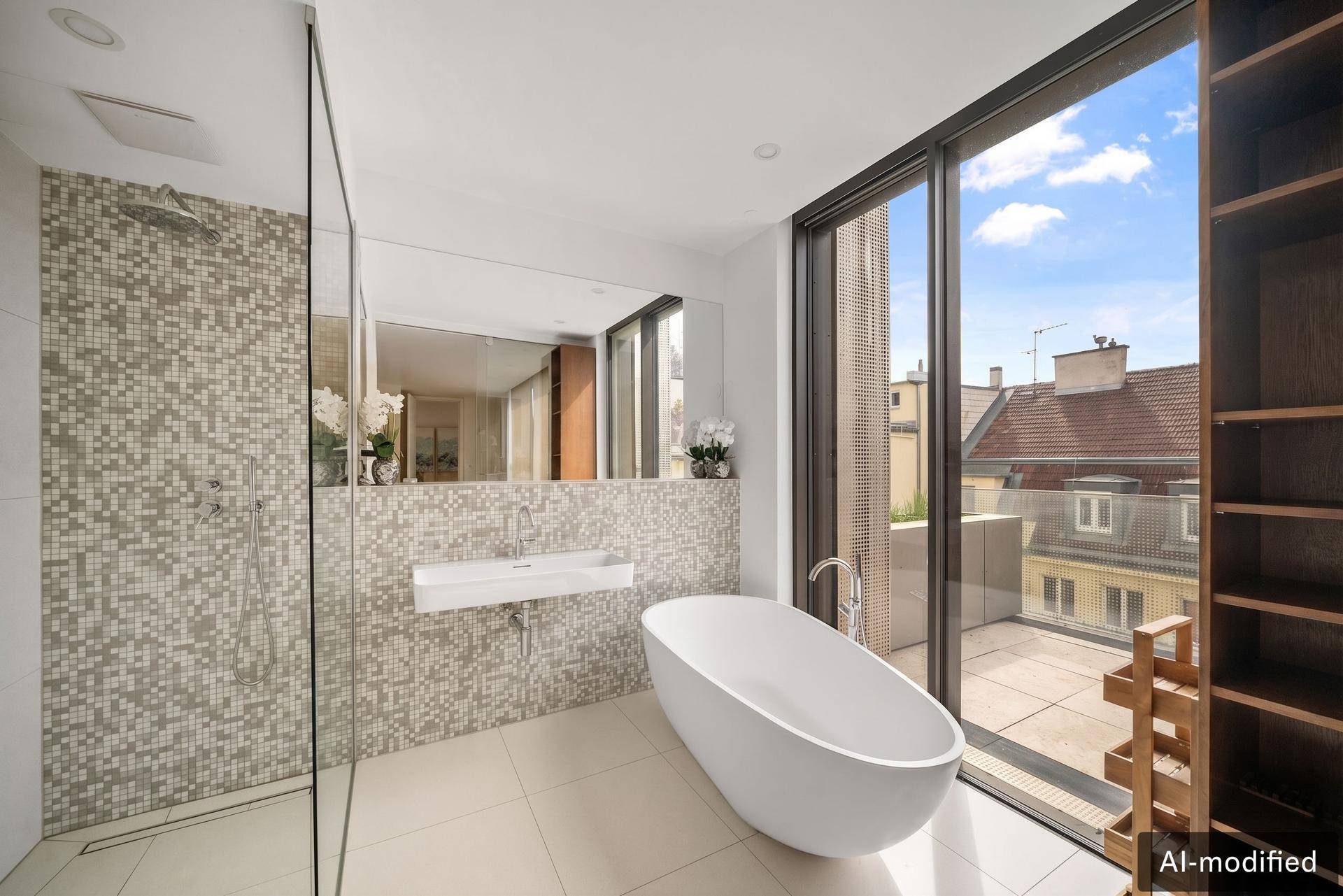 Luxuriöses Badezimmer mit freistehender Badewanne, begehbarer Dusche und Zugang zur Terrasse.
