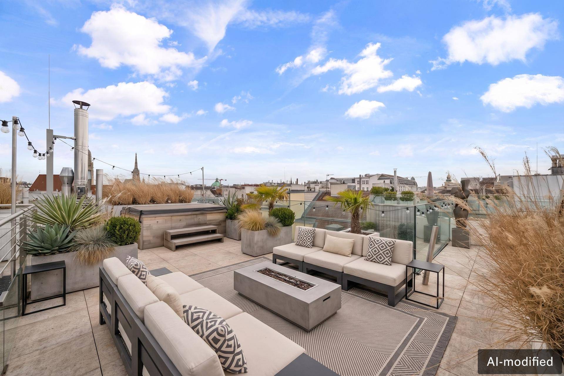 Geräumige Dachterrasse mit modernen Lounge-Möbeln, Pflanzen und weitem Stadtblick.