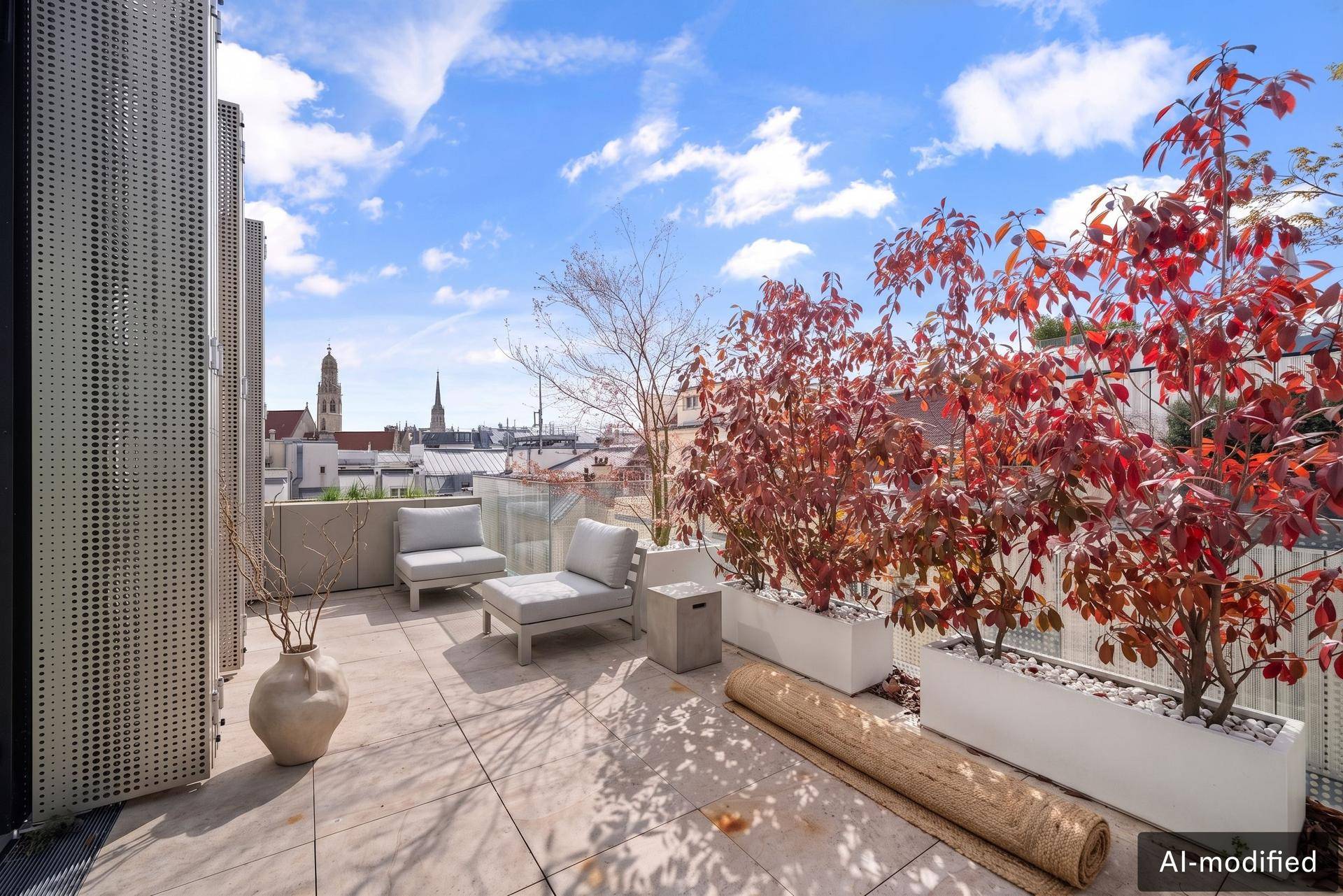 Ruhige Terrasse mit bequemen Sitzgelegenheiten, Pflanzen und einem schönen Blick über die Stadt.