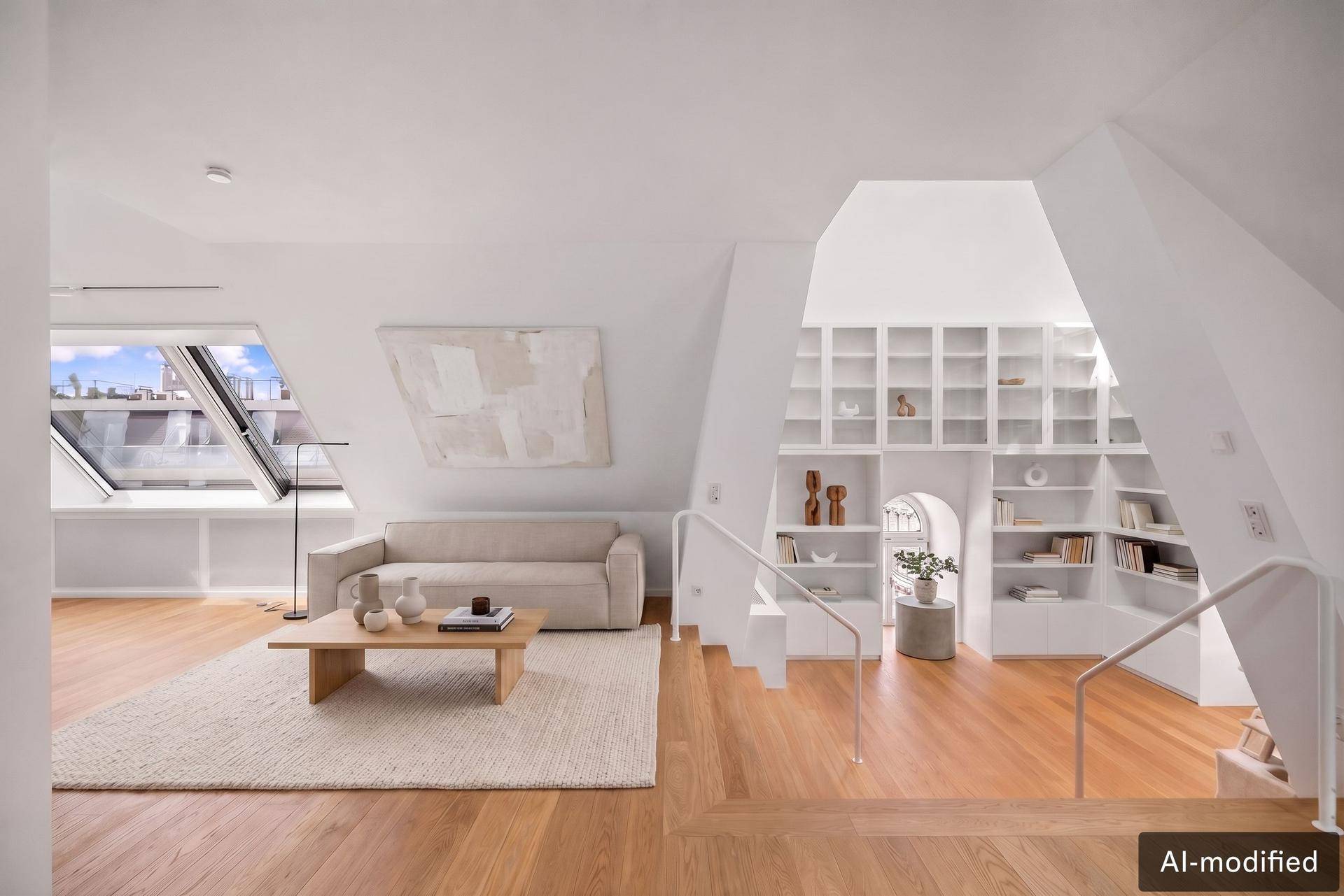 Helles Wohnzimmer mit gemütlichem Sofa, Holzboden und integrierten Bücherregalen unter dem Dach.