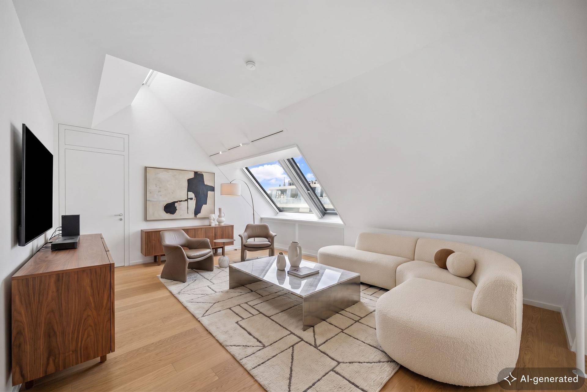 Gemütliches Wohnzimmer mit modernem Sofa, Holzboden und einem großen Dachfenster für Tageslicht.