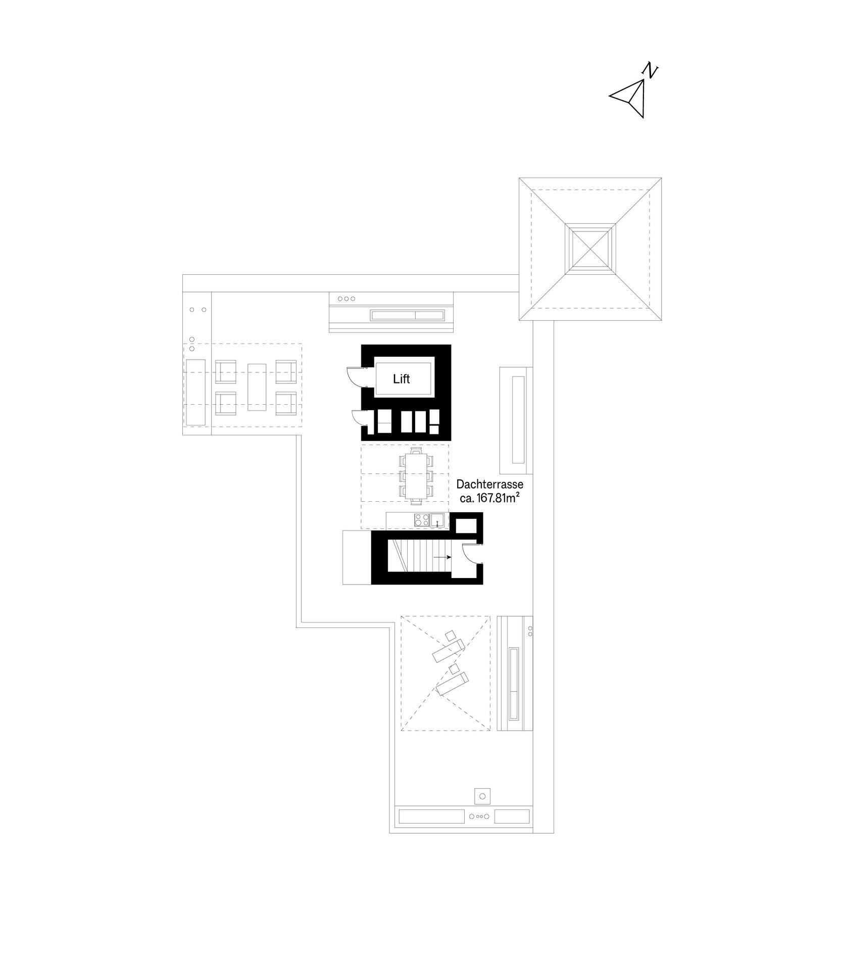 Grundriss der oberen Ebene mit großer Dachterrasse und direktem Aufzugzugang.