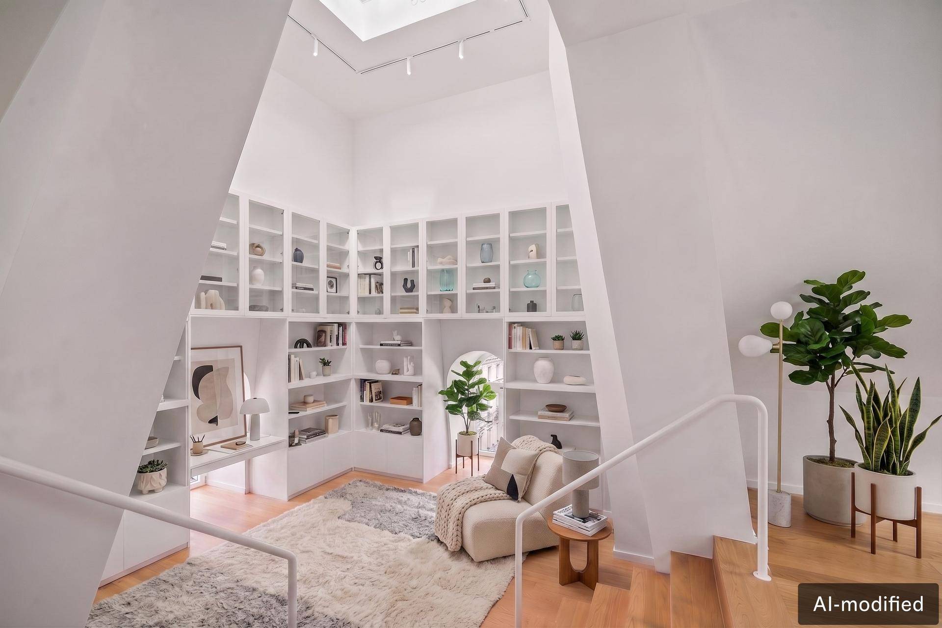 Heller Wohnbereich mit hohen Decken, integrierten Bücherregalen und einer eleganten Treppe.