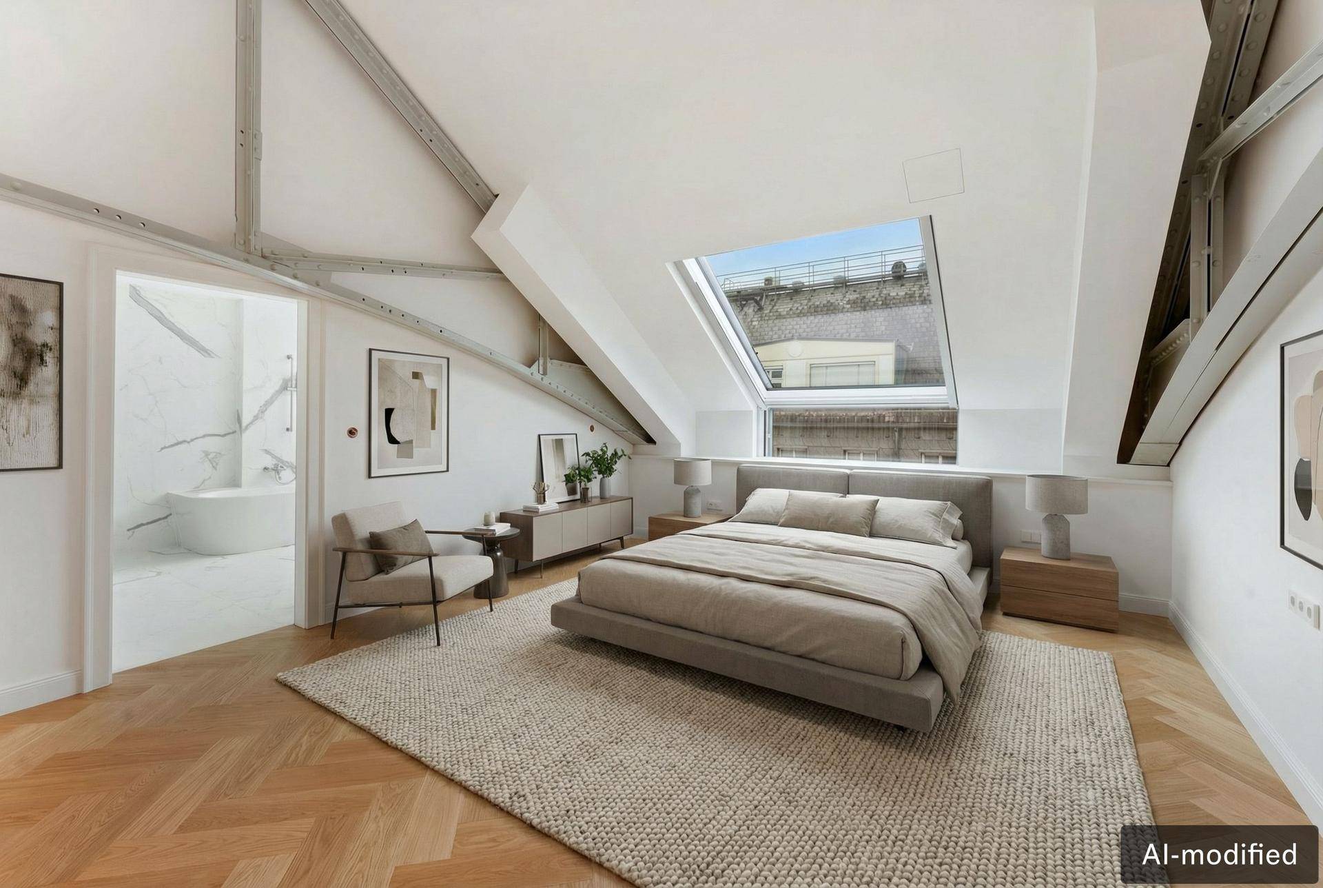 Elegantes Schlafzimmer mit Holzboden, Dachfenster und Zugang zu einem luxuriösen Bad.