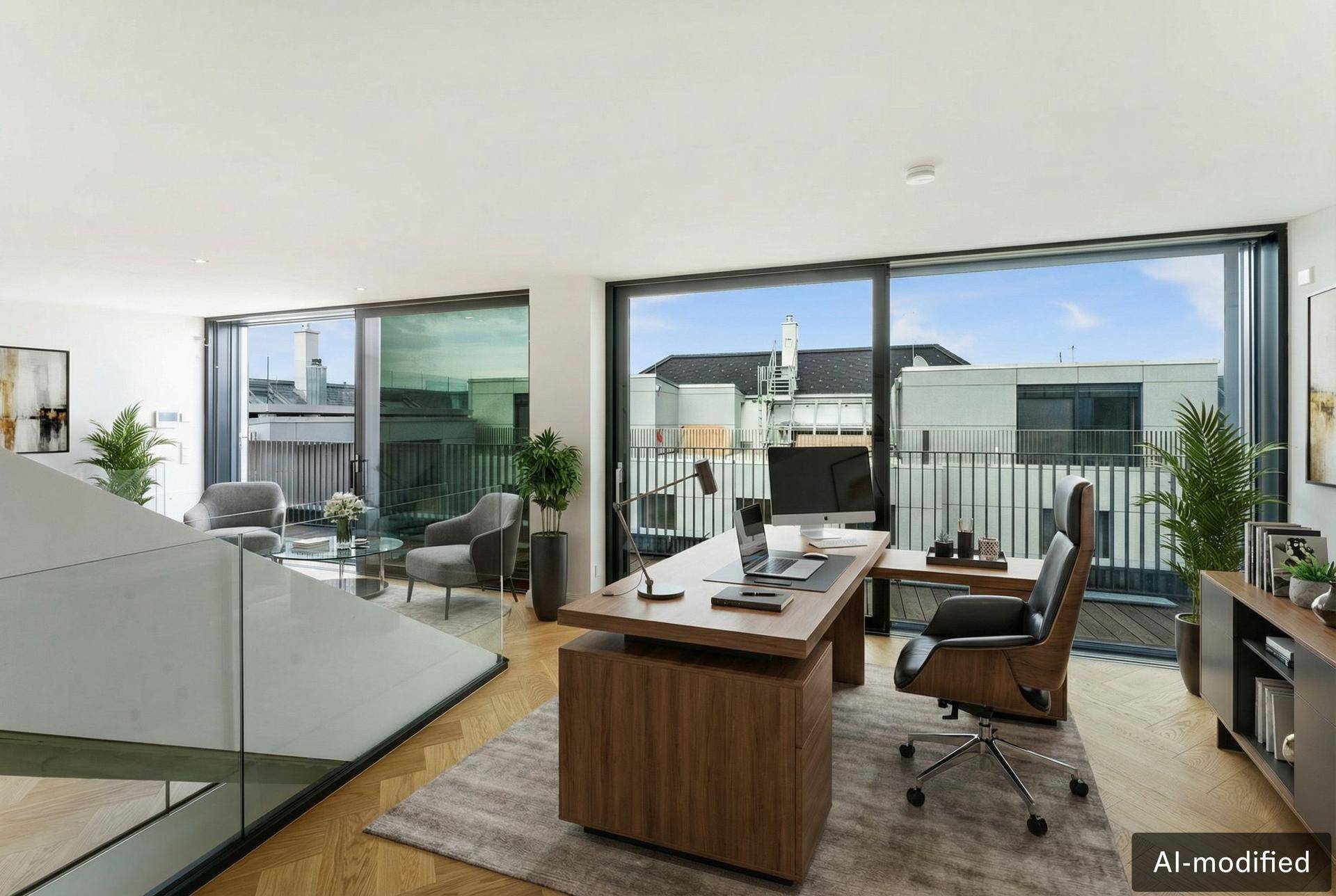 Helles Büro mit großen Glasfronten, Holzboden und Blick auf die Dächer.