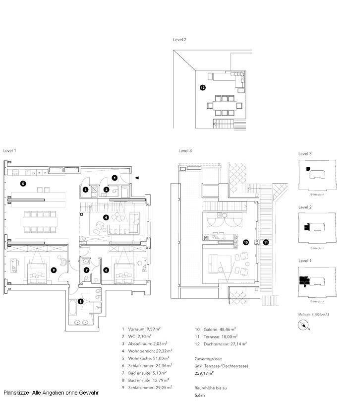 Detaillierter Grundriss der Maisonette-Wohnung über mehrere Ebenen.